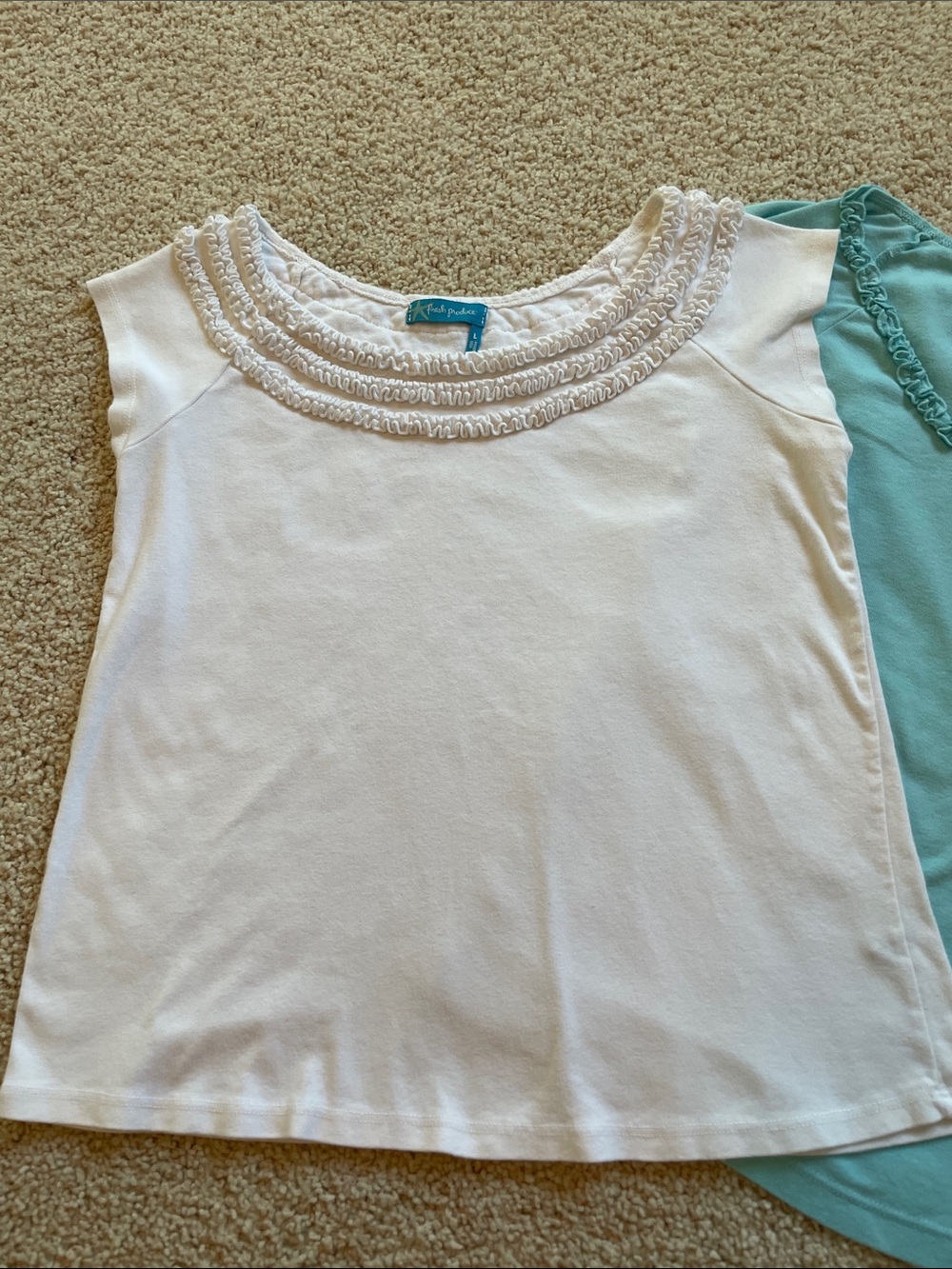 2 for 1 price - White and Light Turquoise Ruffled Neck Cap Sleeve Tops